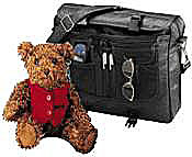 plush animal teddy bear with leather bag, sunglasses and pens